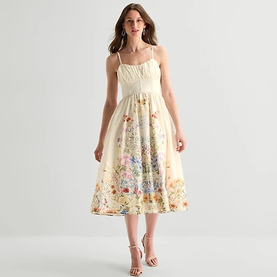 Melonie T Womens Midi Sweetheart Neck Sleeveless Floral Fit + Flare Dress