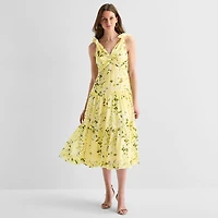 Melonie T Womens Midi V Neck Sleeveless Floral Fit + Flare Dress