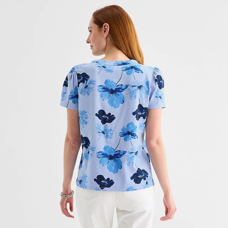 Liz Claiborne Womens Split Crew Neck Short Sleeve Blouse