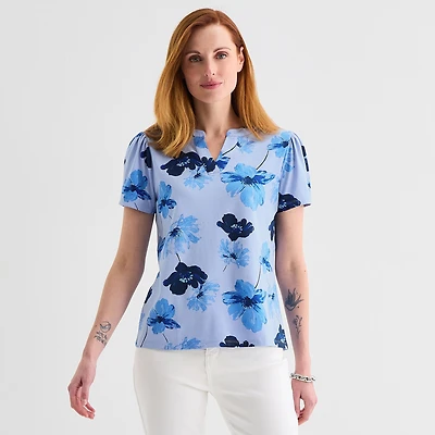 Liz Claiborne Womens Split Crew Neck Short Sleeve Blouse