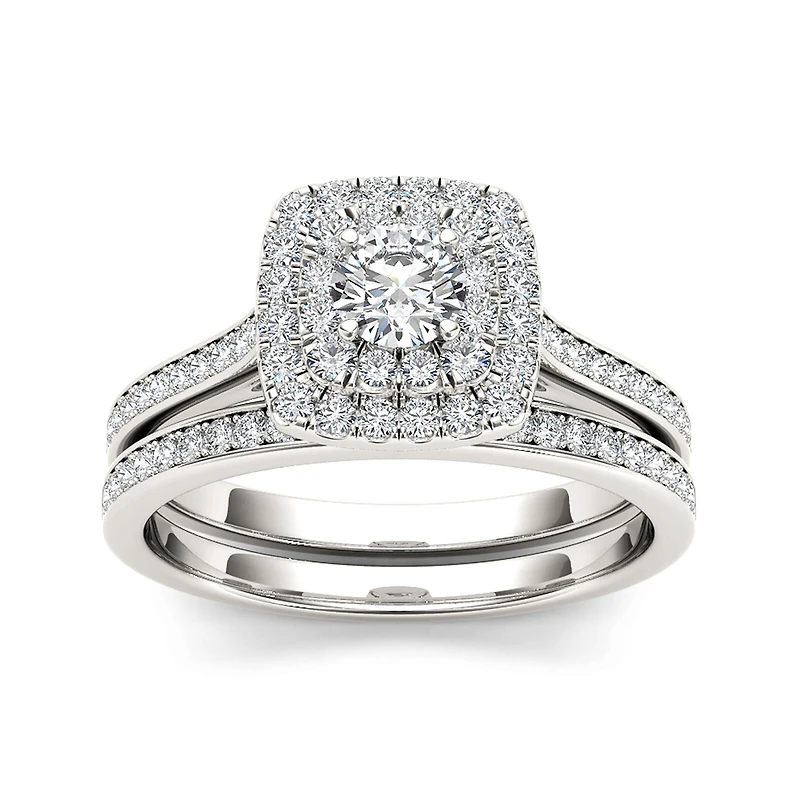 3/4 CT.T.W. Natural Diamond Halo 10K White Gold Bridal Ring Set