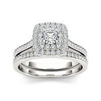 3/4 CT.T.W. Natural Diamond Halo 10K White Gold Bridal Ring Set