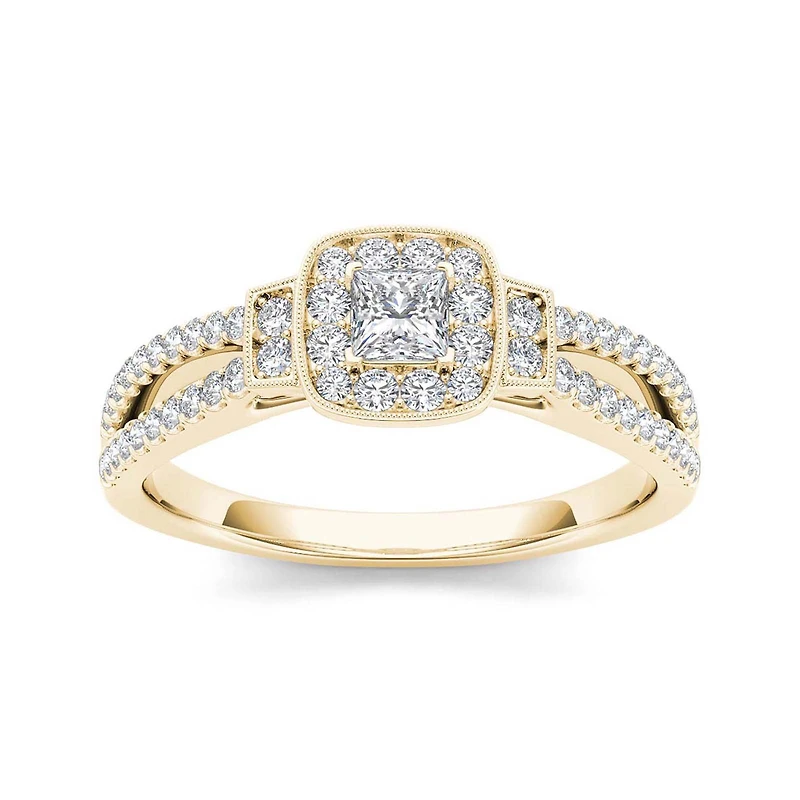 1/2 CT.T.W. Natural Diamond Halo 10K Yellow Gold Engagement Ring