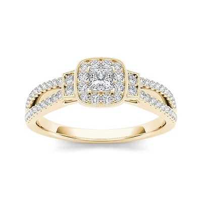 1/2 CT.T.W. Natural Diamond Halo 10K Yellow Gold Engagement Ring