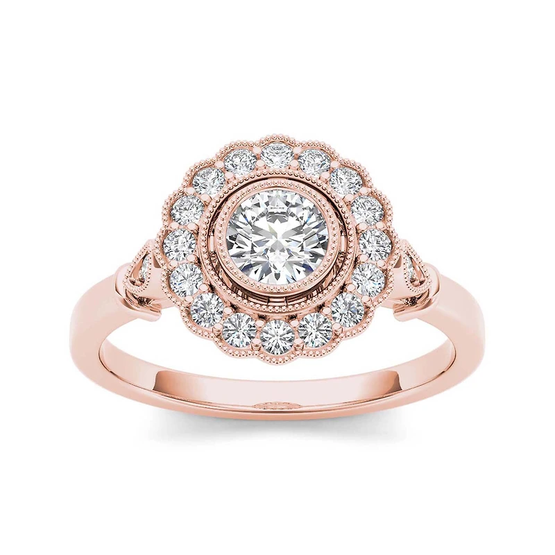 1/2 CT.T.W. Natural Diamond Flower Halo 10K Rose Gold Engagement Ring