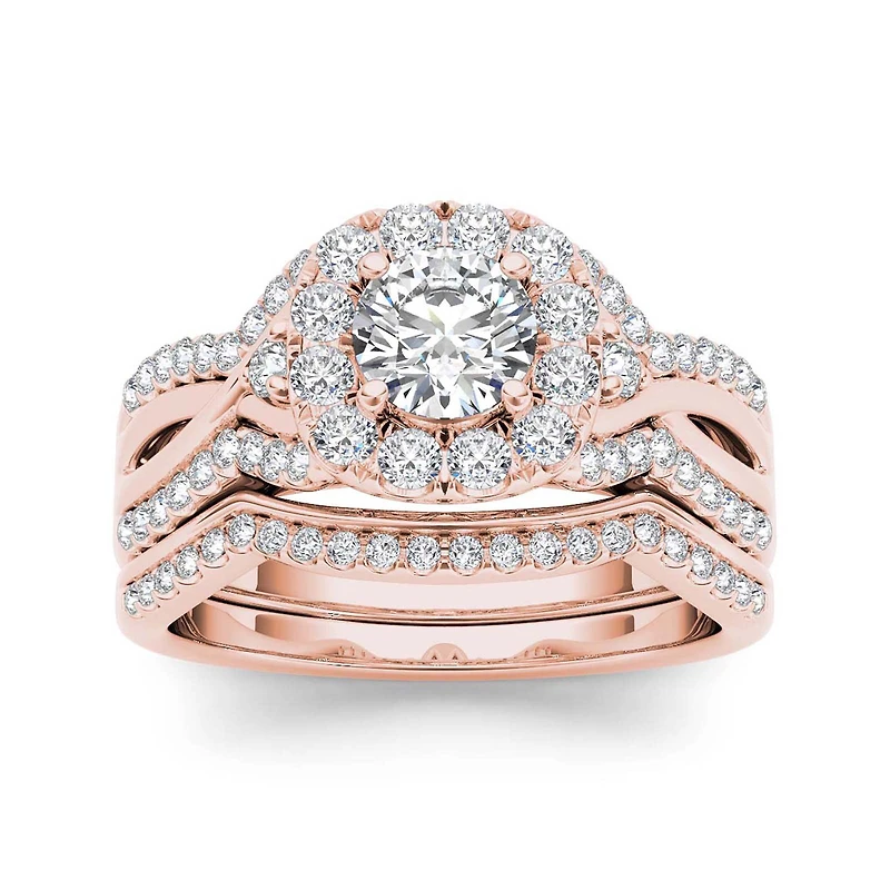 1 1/4 CT.T.W. Natural Diamond 14K Rose Gold Halo Bridal Ring Set