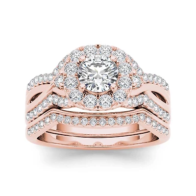 1 1/4 CT.T.W. Natural Diamond 14K Rose Gold Halo Bridal Ring Set