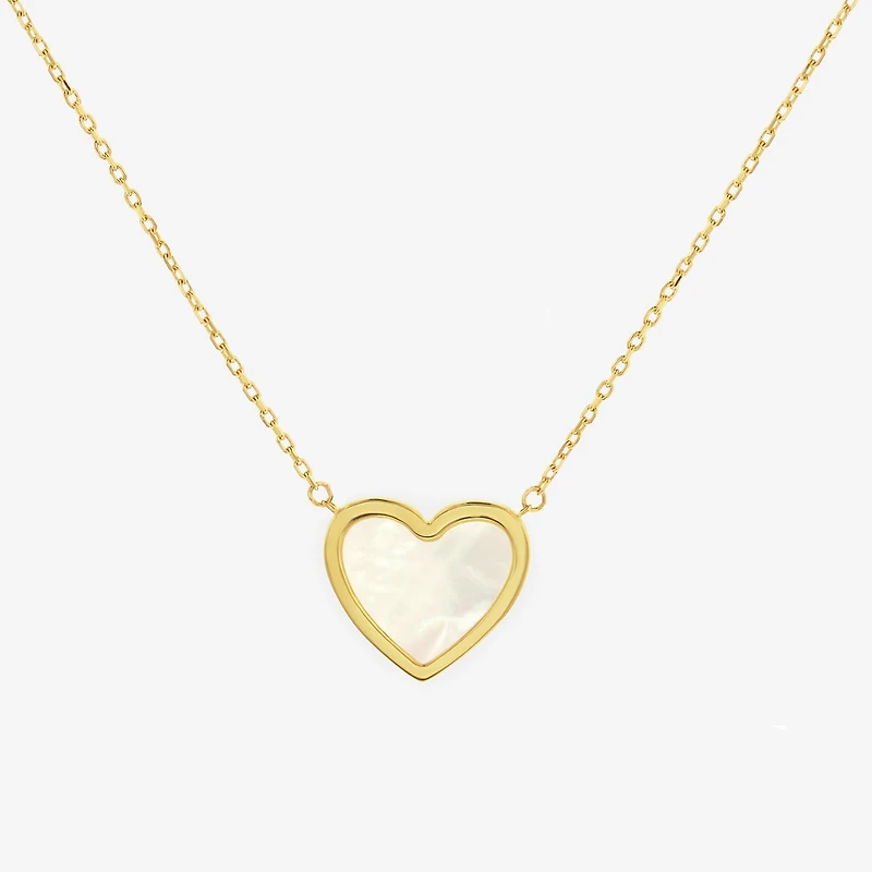 Womens White Mother Of Pearl 14K Gold Heart 17 Inch Pendant Necklace