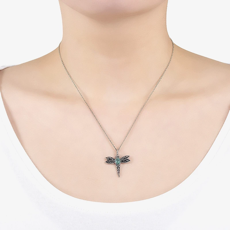 Dragon Fly Womens Enhanced Blue Turquoise Sterling Silver 18 Inch Pendant Necklace