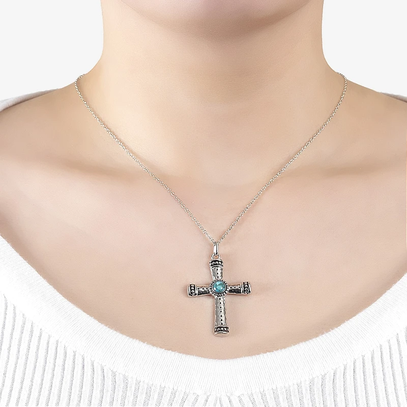 Womens Enhanced Blue Turquoise Sterling Silver Cross 18 Inch Pendant Necklace