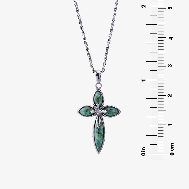 Womens Enhanced Blue Turquoise Sterling Silver Cross 18 Inch Pendant Necklace