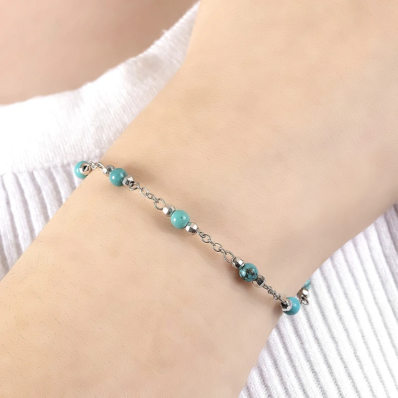 Womens Enhanced Blue Turquoise Sterling Silver Round Beaded Bracelet