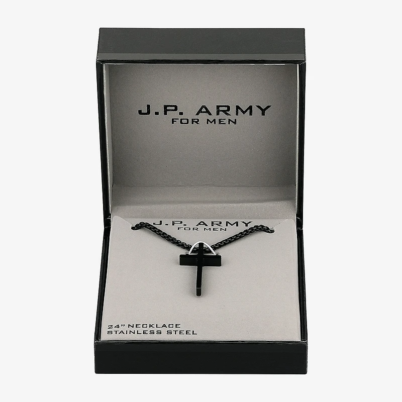 J.P. Army Black Mens Stainless Steel Cross 24 Inch Pendant Necklace