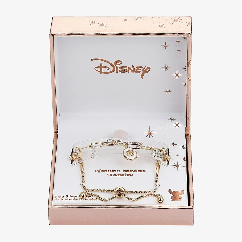 Disney Classics Family Ohana Womens Cubic Zirconia 14K Gold Over Brass Flower Heart Lilo & Stitch Bolo Bracelet
