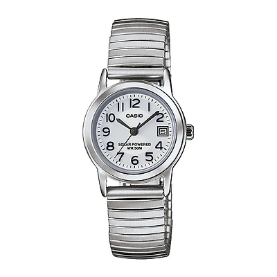 Casio® Womens White Dial Stainless Steel Expansion Solar Watch LTPS100E-7BV
