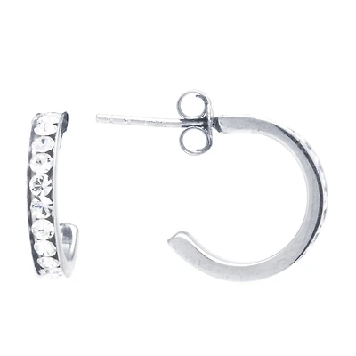 Silver Treasures Womens Crystal Sterling Silver 15mm Hoop Earrings