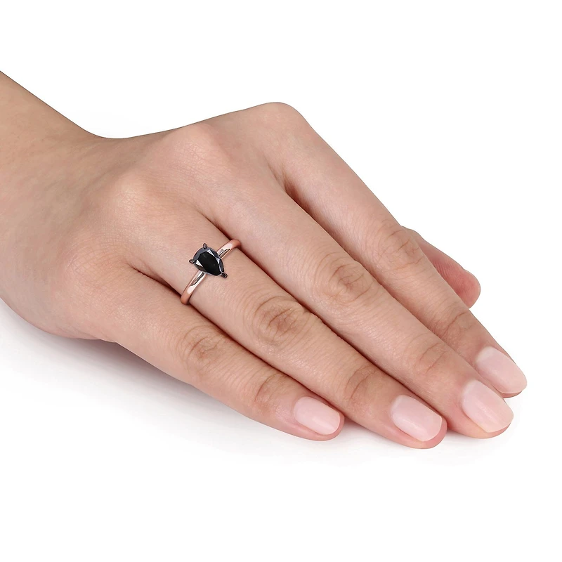 Midnight Black Womens 1 CT. Natural Diamond 14K Gold Pear Solitaire Engagement Ring
