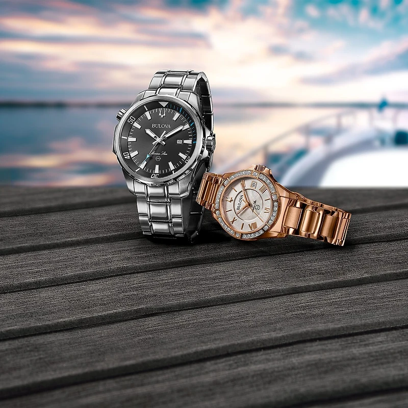 Bulova Marine Star Womens Diamond Accent Rose Goldtone Stainless Steel Bracelet Watch 98r295