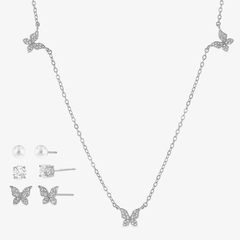 olivia and jackson Womens Cubic Zirconia Simulated Pearl Pure Silver Over Brass Butterfly 5-pc. Jewelry Set