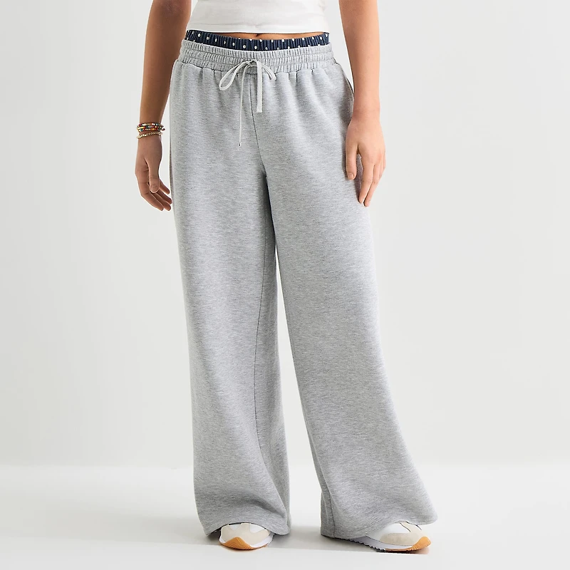 Arizona Womens Juniors Wide Leg Mid Rise Fleece Sweatpant