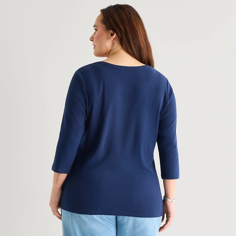 St. John's Bay Womens Plus V Neck 3/4 Sleeve T-Shirt