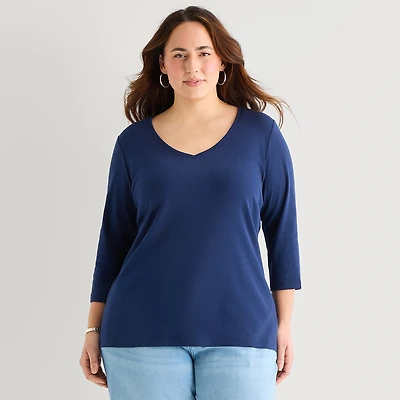 St. John's Bay Womens Plus V Neck 3/4 Sleeve T-Shirt