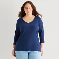 St. John's Bay Womens Plus V Neck 3/4 Sleeve T-Shirt