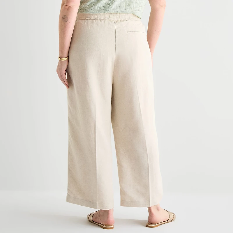 Liz Claiborne Linen Womens Plus Wide Leg Mid Rise Pull-On Pant