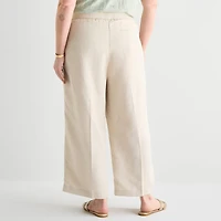 Liz Claiborne Linen Womens Plus Wide Leg Mid Rise Pull-On Pant