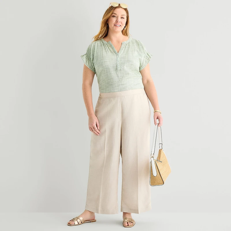 Liz Claiborne Linen Womens Plus Wide Leg Mid Rise Pull-On Pant