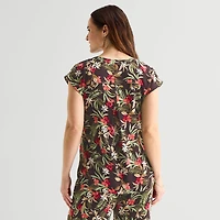 Liz Claiborne Womens Tall Split Crew Neck Short Sleeve Satin Blouse