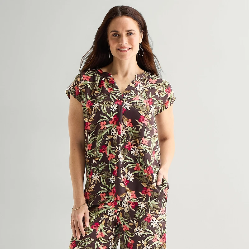 Liz Claiborne Womens Tall Split Crew Neck Short Sleeve Satin Blouse