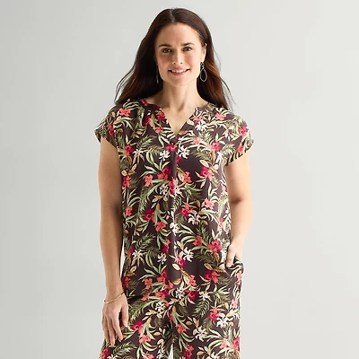 Liz Claiborne Womens Tall Split Crew Neck Short Sleeve Satin Blouse