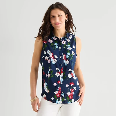 St. John's Bay Womens Tall Sleeveless Regular Fit Button-Down Shirt