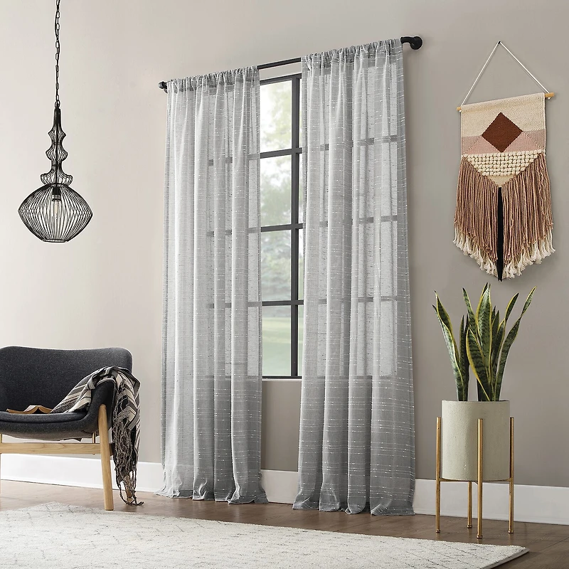 Clean Window Textured Slub Stripe Rod Pocket Sheer Single Curtain Panel