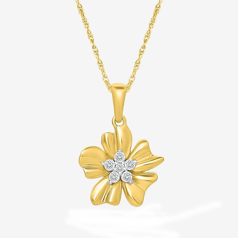 Womens 1/8 CT. T.W. Natural White Diamond 10K Gold Flower 18 Inch Pendant Necklace