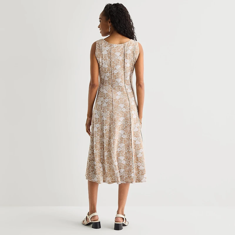 Perceptions Womens Round Neck Sleeveless Floral Fit + Flare Dress