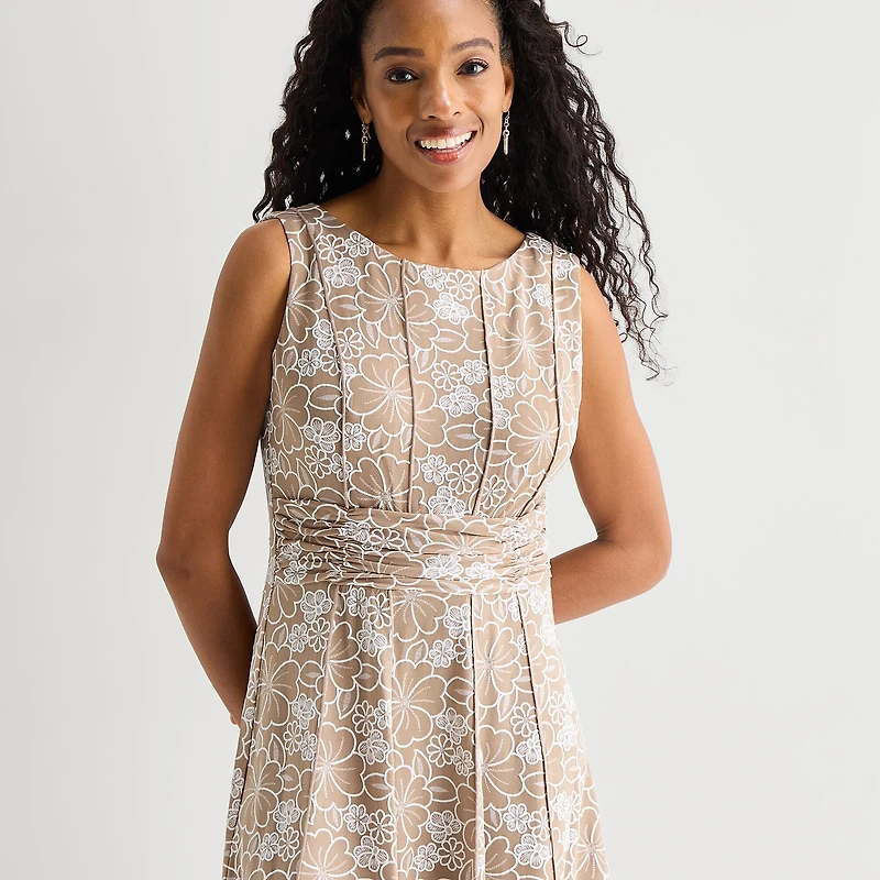 Perceptions Womens Round Neck Sleeveless Floral Fit + Flare Dress