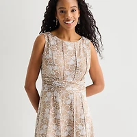 Perceptions Womens Round Neck Sleeveless Floral Fit + Flare Dress