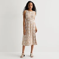 Perceptions Womens Round Neck Sleeveless Floral Fit + Flare Dress