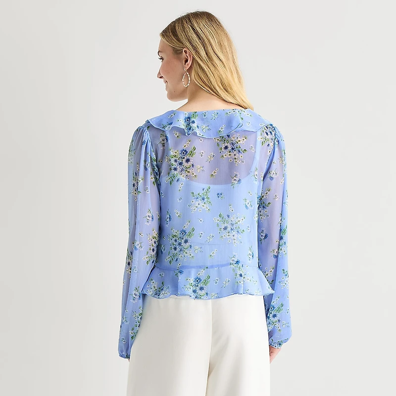 by&by Womens Juniors V Neck Long Sleeve Blouse