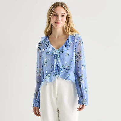 by&by Womens Juniors V Neck Long Sleeve Blouse
