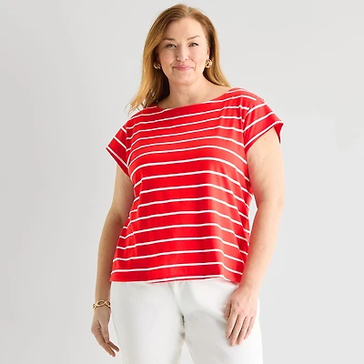 Liz Claiborne Womens Plus Boat Neck Short Sleeve Blouse