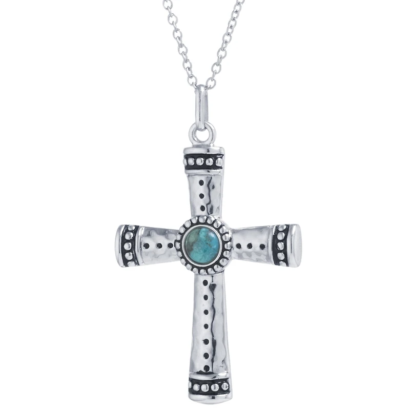 Womens Enhanced Blue Turquoise Sterling Silver Cross 18 Inch Pendant Necklace