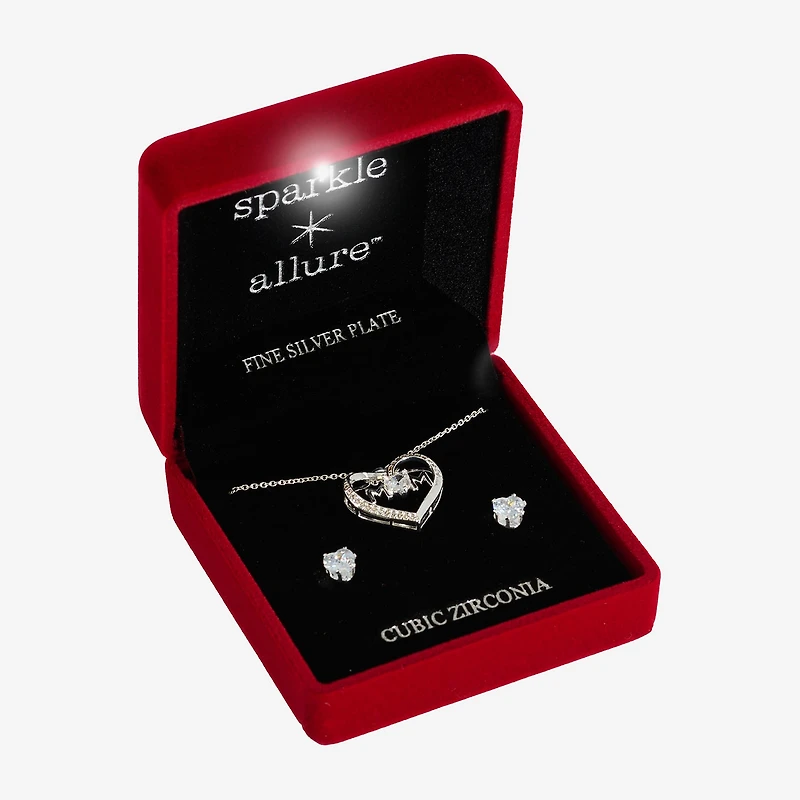 Sparkle Allure Light Up Box Womens Cubic Zirconia Pure Silver Over Brass Heart 2-pc. Jewelry Set