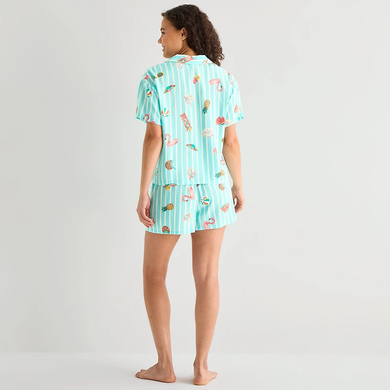 Sleep Chic Womens Poplin V-Neck Short Sleeve 2-pc. Pajama Set