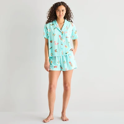 Sleep Chic Womens Poplin V-Neck Short Sleeve 2-pc. Pajama Set