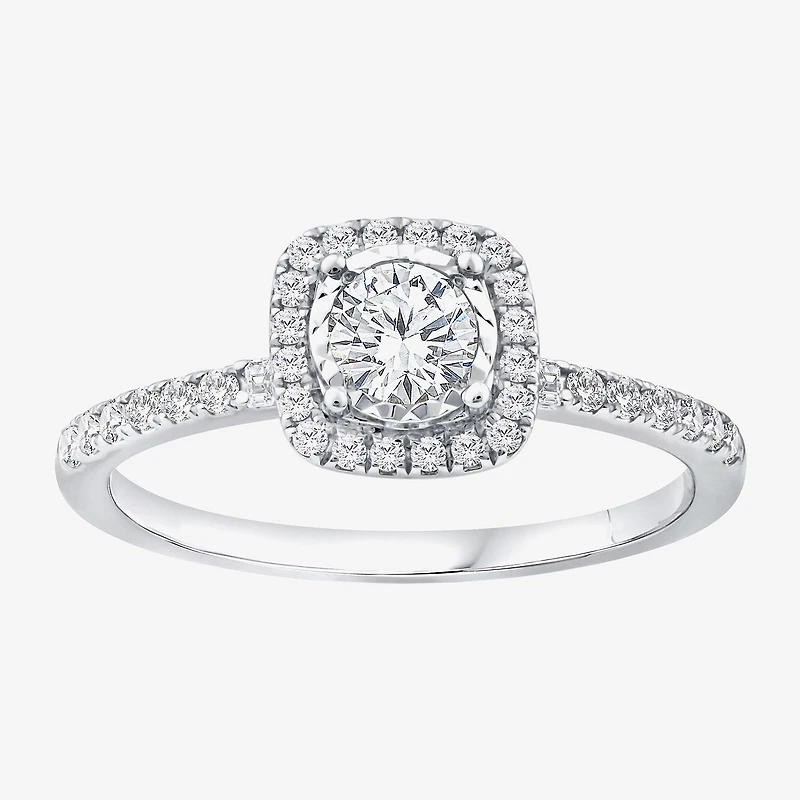 (F / Vs2) Womens 1/2 CT. T.W. Lab Grown White Diamond Sterling Silver Cushion Side Stone Halo Engagement Ring