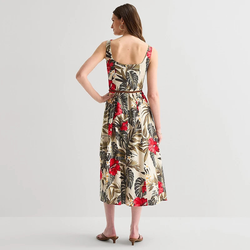 Melonie T Womens Midi Square Neck Sleeveless Floral Fit + Flare Dress