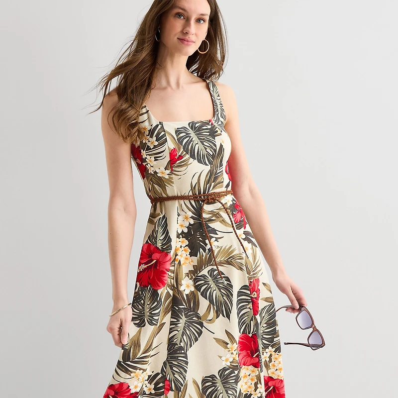 Melonie T Womens Midi Square Neck Sleeveless Floral Fit + Flare Dress